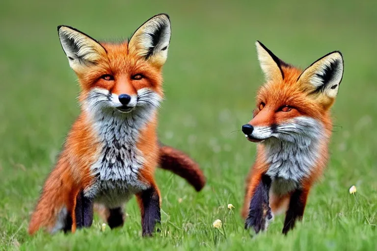 Image similar to Foxes playing in a meadow, rambunctious fox kits, professional animal photography, highly detailed, 8k