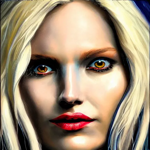 Image similar to mystique from the xmen, 8 k, realistic, oil painting, high detail, pretty face,