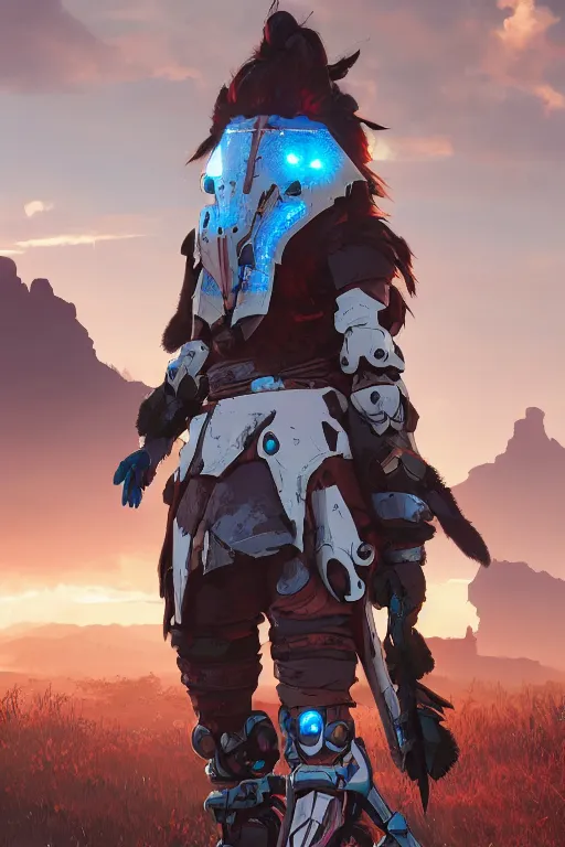 Image similar to combination suit armor aloy horizon forbidden west horizon zero dawn robot ninja mask helmet backpack tribal, aesthetic octane render, 8 k hd resolution, by ilya kuvshinov and cushart krentz and gilleard james radiating a glowing aura cgi rtx 2 0 2 2