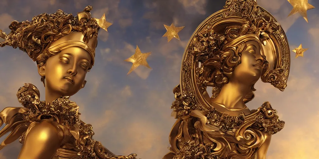 Prompt: saint Woman, Venus, Athena, beautiful, gracious, baroque, black marble and gold, skies, draped, flowers, sistina, stars, puffy clouds, halo, tilt shift, 3d style light refraction, light reflection, real texture effect, extremely detailed, avantgarde, render, artstation