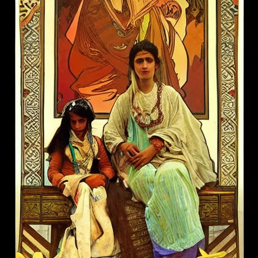 Prompt: Kurdish family Painted By Alphonso Mucha, Highly detailed
