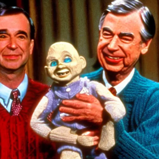 Image similar to Mr. Rogers holding Chucky the killer doll from the movie Child's Play