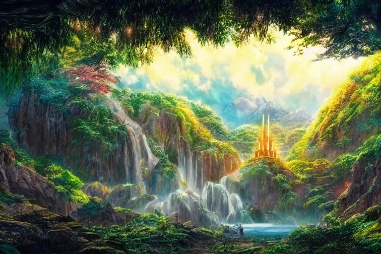 Image similar to still from the lord of the rings movie rivendell, 4 k digital paint by studio ghibli hayao miyazaki. vivid colours, vaporwave lighting style, very sharp and detailed. trending on artstation and behance.