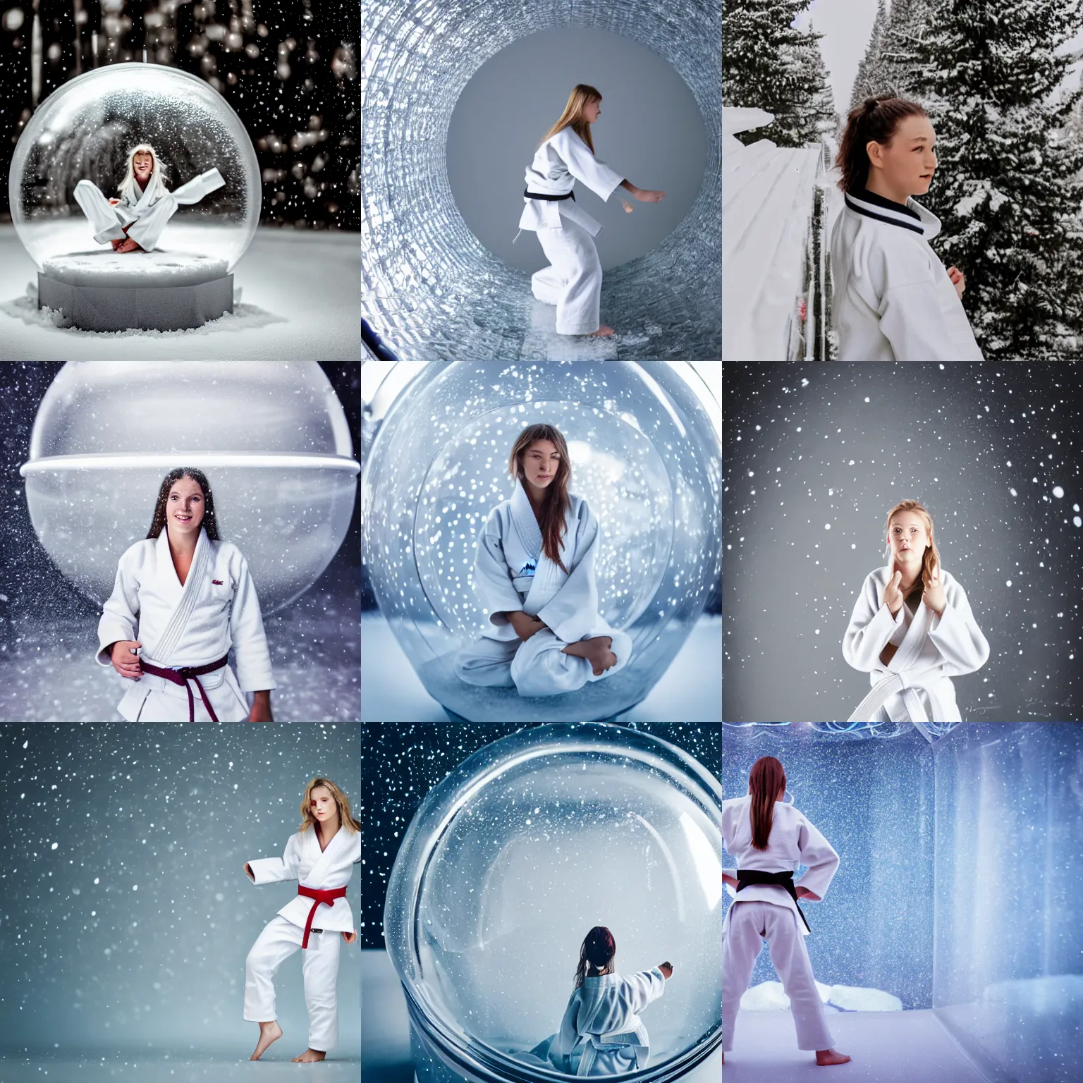 Prompt: Young white judo woman wearing a white gi, standing inside a giant snowglobe on a shelf, macro photography