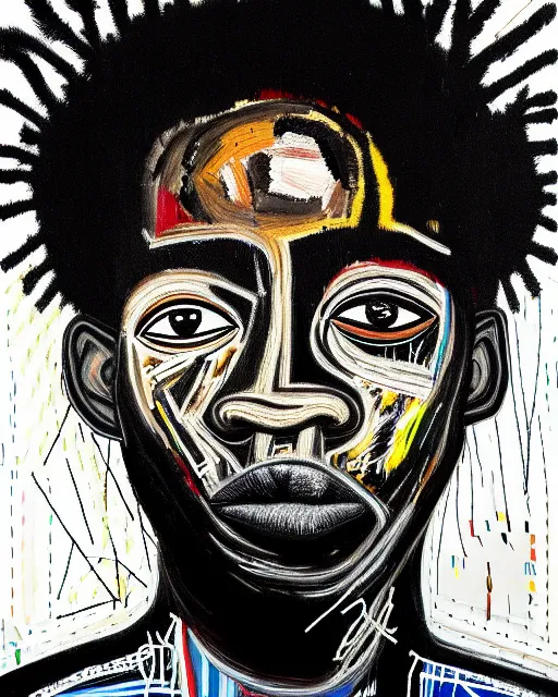 Prompt: A extremely highly detailed majestic hi-res beautiful immaculate head and shoulders award winning painting masterpiece of the face of a strong black african man by Jean-Michel Basquiat, 8k, high textures, hyper sharp, insanely detailed and intricate, super detailed, 8k HDR high quality