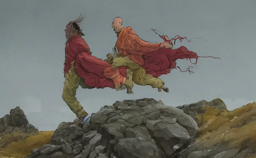 Image similar to a hyperrealist watercolour concept art of a monk levitating a huge rock over his head. it is a misty night on the moors of ireland. by rebecca guay, michael kaluta, charles vess and jean moebius giraud. high detail, hq