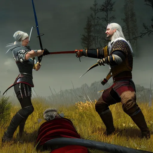 Prompt: witcher sword fighting with mr.bean