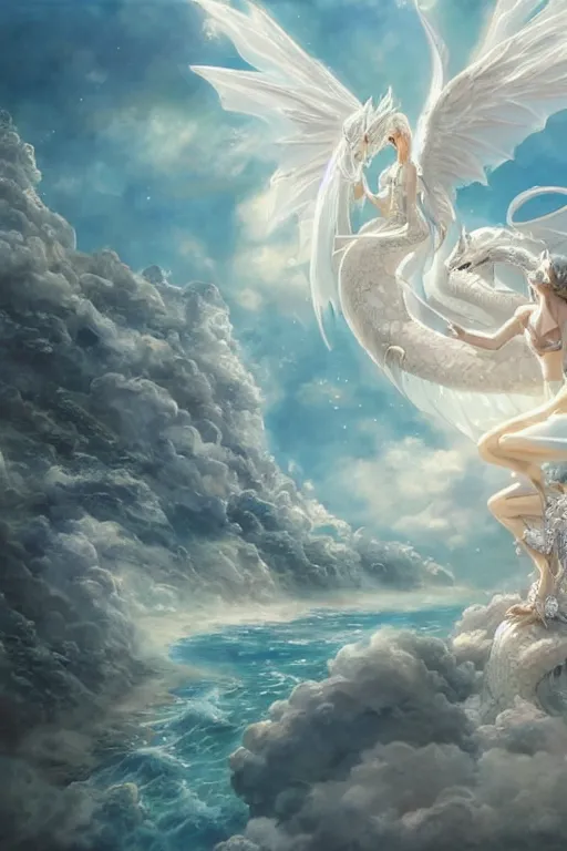 Prompt: beautiful scene render that a princess ride on a huge silver white dragon back, finely detailed angelic face delicate features, in the fairyland surrounded by white clouds, perfectly shaded, atmospheric lighting, style of makoto shinkai and peter mohrbacher, studio ghibli. artgerm, karol bak, beeple, animation style, 8 k hd, hyper detailed