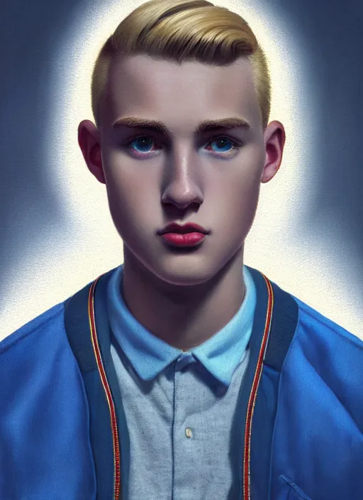 Image similar to portrait of a high school senior boy named moose mason, blonde short hair, jock, beefy, square jaw, square facial structure, 1 9 5 0 s, blue varsity jacket, intricate, elegant, glowing lights, highly detailed, digital painting, artstation, concept art, smooth, sharp focus, illustration, art by wlop, mars ravelo and greg rutkowski