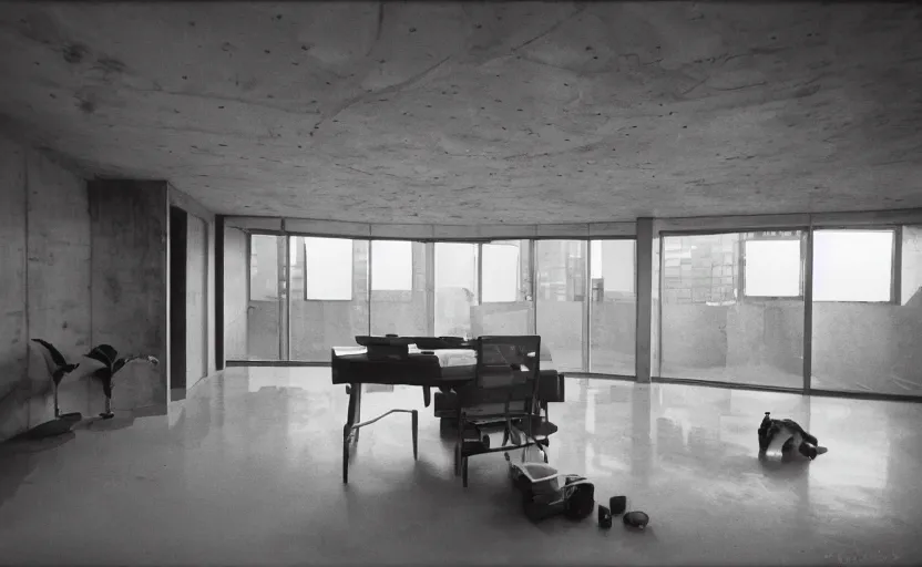Image similar to Interior shot of a secret brutalist concrete breez block studio apartment with computers and aquariums and with glossy concrete floor by stanley kubrick, shot by 35mm film color photography
