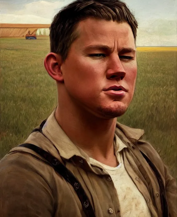 Prompt: portrait of channing tatum as an mississippi farm boy, art by denys tsiperko and bogdan rezunenko and george caleb bingham, hyperrealism