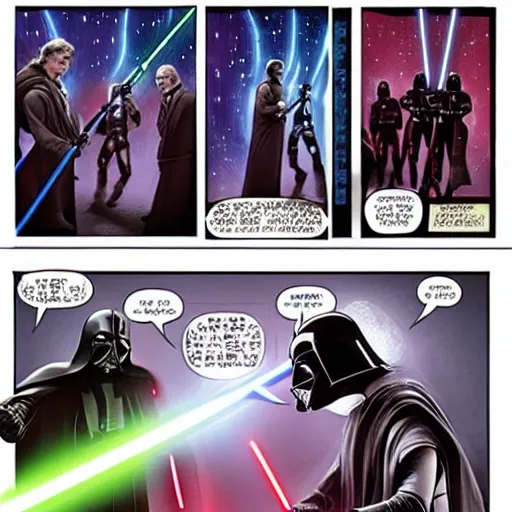 Image similar to saul goodman lightsaber duel with darth vader on the death star, highly detailed