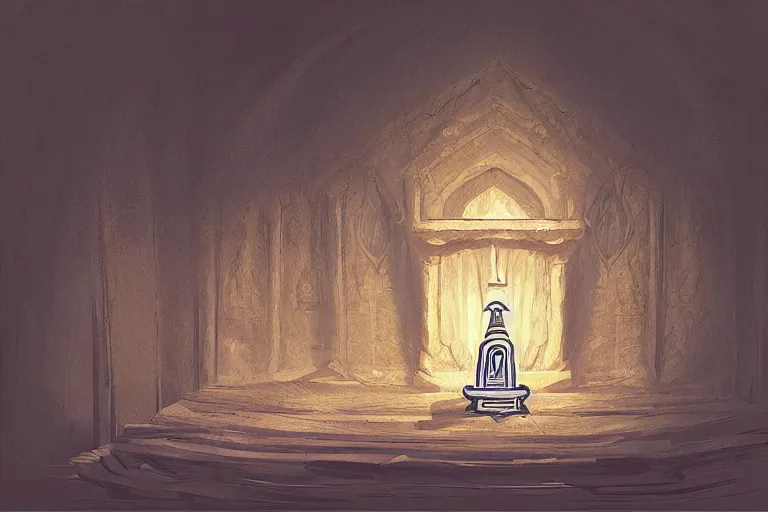 Image similar to “Ancient underground temple in dim lighting, high ceilings, with a hooded cult member facing an altar, concept art, digital painting by Shaddy Safadi”