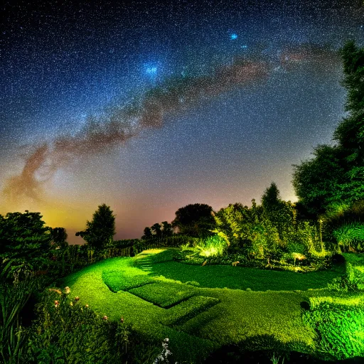 Prompt: beautiful garden lush green, full night sky milky way view hd