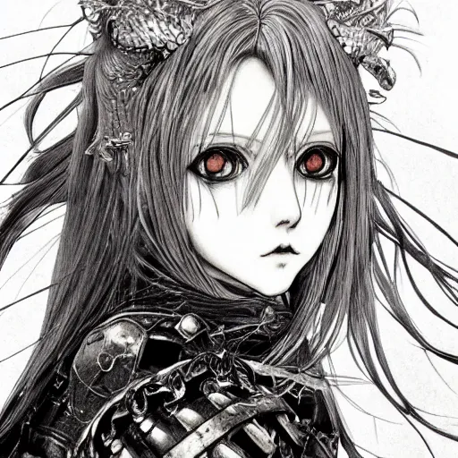 Image similar to Yoshitaka Amano realistic illustration of an anime girl with black eyes, wavy white hair fluttering in the wind and cracks on her face wearing Elden ring armour with engraving, abstract black and white patterns on the background, noisy film grain effect, highly detailed, Renaissance oil painting, weird portrait angle, blurred lost edges, three quarter view