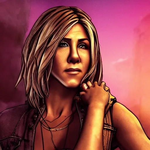 Image similar to jennifer aniston portrait, borderlands, tales from the borderlands, the wolf among us, comic, cinematic lighting, studio quality, 8 k