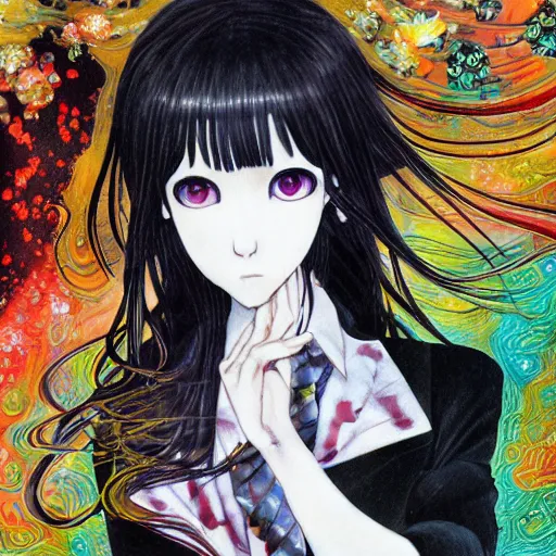 Image similar to yoshitaka amano realistic illustration of an anime girl with black eyes and long wavy white hair wearing dress suit with tie and surrounded by abstract junji ito style patterns in the background, blurry and dreamy illustration, 1 9 9 0 s anime color palette, noisy film grain effect, highly detailed, oil painting with expressive brush strokes, weird portrait angle