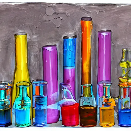 Image similar to detailed painting of an alchemist lab, large tubes, colorful liquid