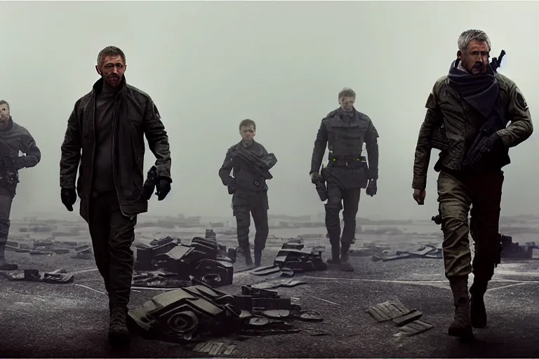 Prompt: vfx film, blade runner 2 0 4 9 futuristic soldiers shoot at enemy robots futuristic war, battlefield, war zone, shootout, dilapidated city ruins, running, shooting, explosion, battlefront, leaping, flat color profile low - key lighting award winning photography arri alexa cinematography, big crowd, hyper real photorealistic cinematic beautiful, atmospheric cool colorgrade