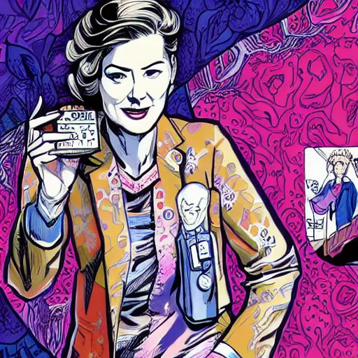 Image similar to rosamund pike as the doctor, dark - hair, wearing a colourful floral pattern suit, bold complementary colours, 2 d matte, graphic novel, art by michael choi and pepe larraz,