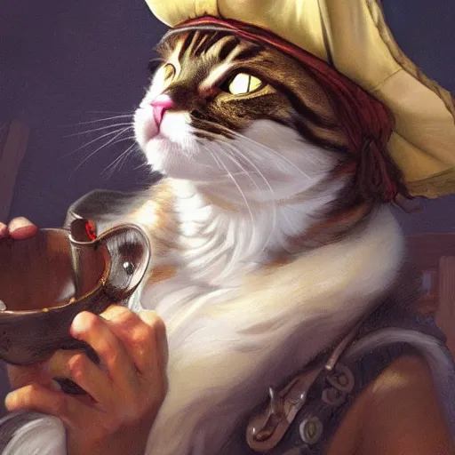 Image similar to Portrait of a Cat as a Pirate, photo, highly detailed oil painting, photorealistic, highly detailed, digital painting, artstation, concept art, smooth, sharp focus, illustration, art by artgerm and greg rutkowski and alphonse mucha