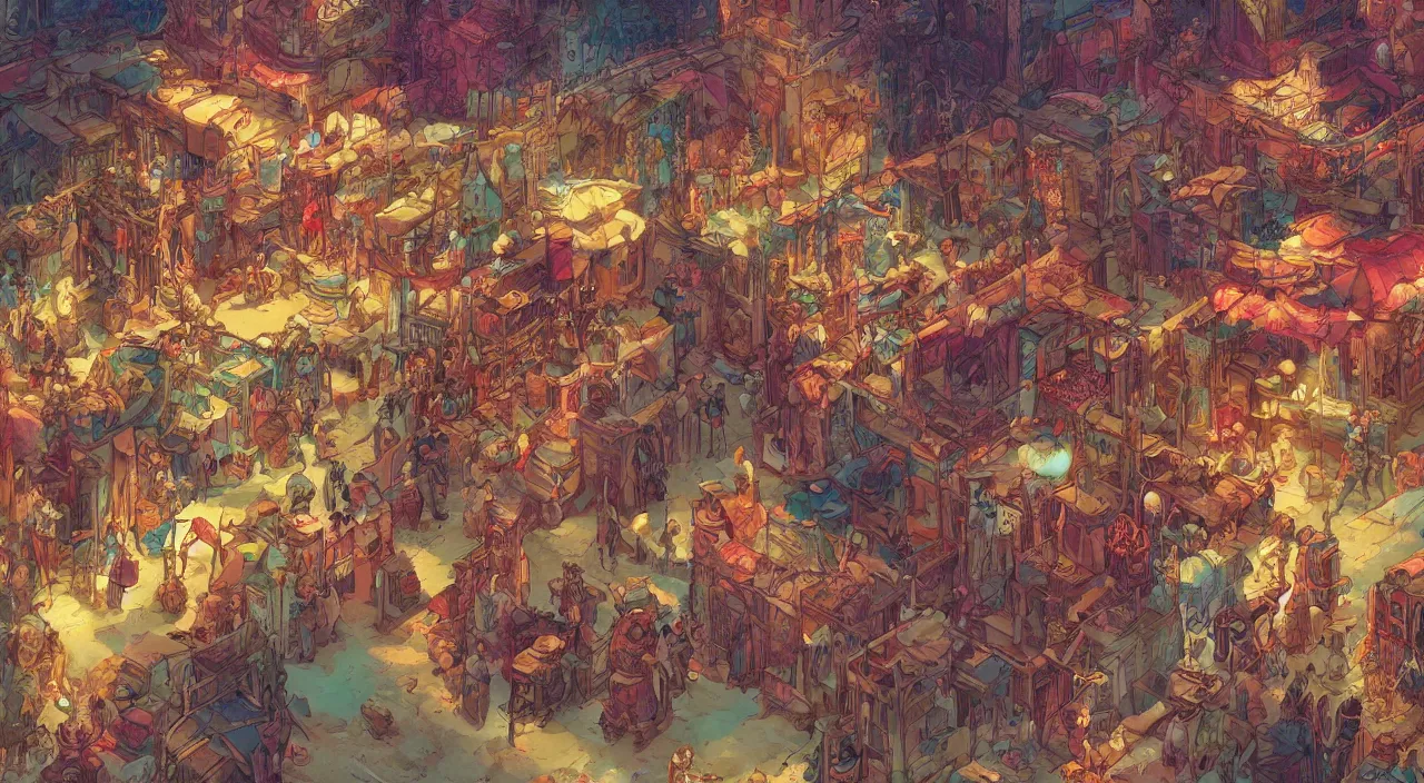 Prompt: vibrant multicolor wonderland bazaar zouk old egypt epic fantasy painting photoshop sharpen overlay volume light that looks like it is from borderlands and by feng zhu and loish and laurie greasley, victo ngai, andreas rocha, john harris
