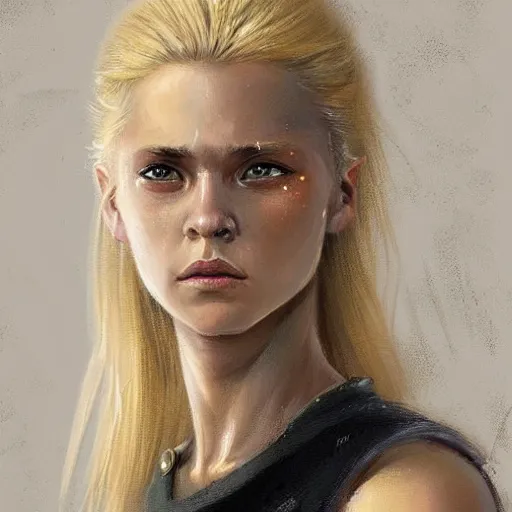 Prompt: Portrait of a woman by Greg Rutkowski, she is about 20 years old, ukrainian, blonde hair with two strands around her face, young, attractive, athletic, badass, kinda sad but friendly look, she is wearing futuristic military fatigues, highly detailed portrait, scifi, digital painting, artstation, concept art, smooth, sharp foccus ilustration, Artstation HQ