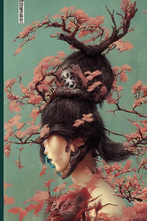 Image similar to a cover of japanese art magazine about animal by illustrated by miyazaki by karol bak, james jean, tom bagshaw, rococo, sharp focus, trending on artstation, cinematic lighting, hyper realism, octane render, 8 k, hyper detailed, vivid, ultra detailed, highly detailed