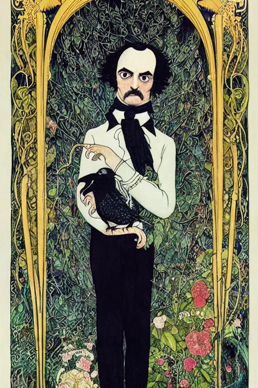 Image similar to realistic portrait of edgar allen poe in the center of an ornate floral frame, detailed art by kay nielsen and walter crane, illustration style, watercolor