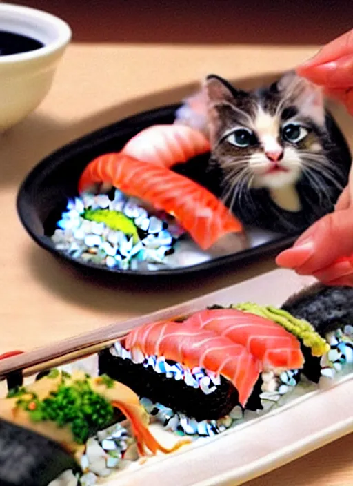 Image similar to clear photorealistic picture of adorable cats eating sushi