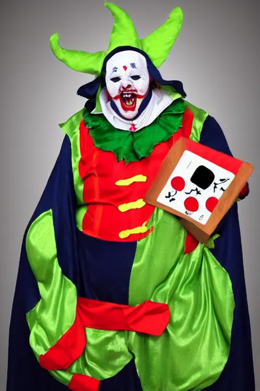 Prompt: scary obese jester halloween costume, best of halloweencostumes, man in a jester costume,