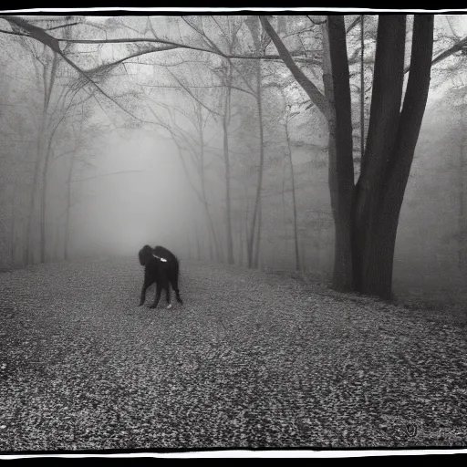 Prompt: yellow dog man infrared trailcam footage, liminal, black and white, foggy, creepypasta