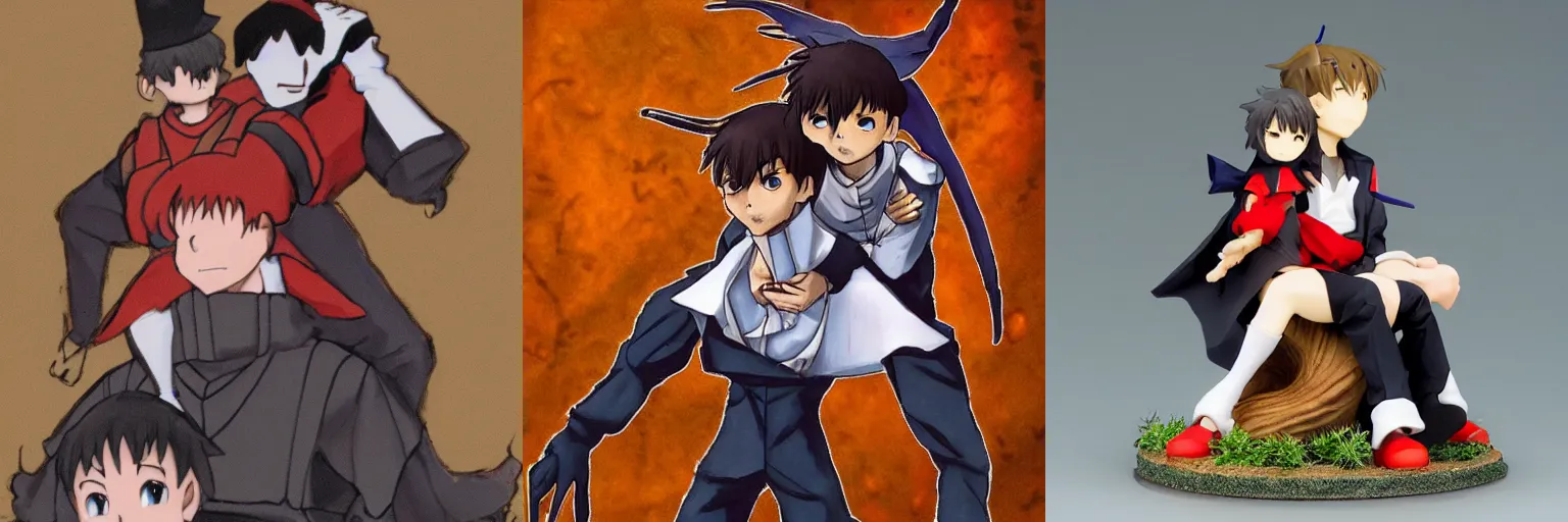 Prompt: shinji ikari sitting on top of a plague doctors shoulders