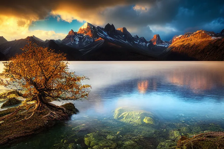 Image similar to landscape photography by marc adamus, mountains, a lake, dramatic lighting, mountains, a tree in the foreground