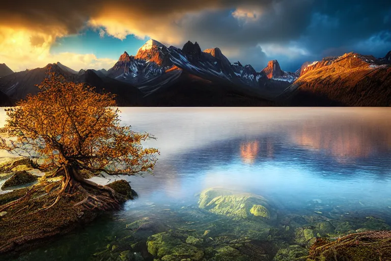 Prompt: landscape photography by marc adamus, mountains, a lake, dramatic lighting, mountains, a tree in the foreground