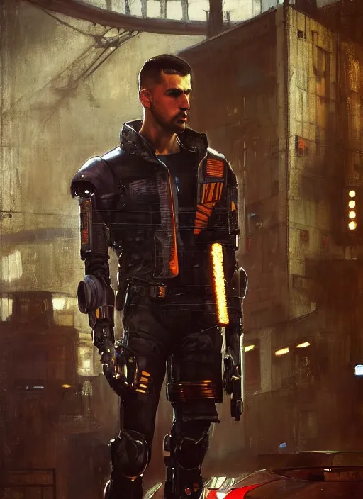 Image similar to menacing Cyberpunk policeman towering with robotic stilt legs. (Cyberpunk 2077, bladerunner 2049). Iranian orientalist portrait by john william waterhouse and Edwin Longsden Long and Theodore Ralli and Nasreddine Dinet, oil on canvas. Cinematic, vivid colors, hyper realism, realistic proportions, dramatic lighting, high detail 4k