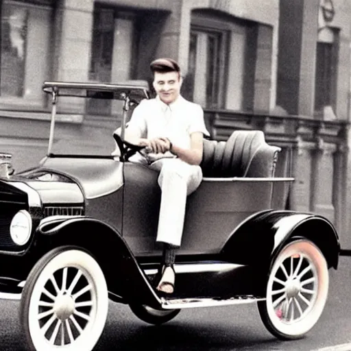 Prompt: Archie Andrews driving a red Ford Model T, realistic photo