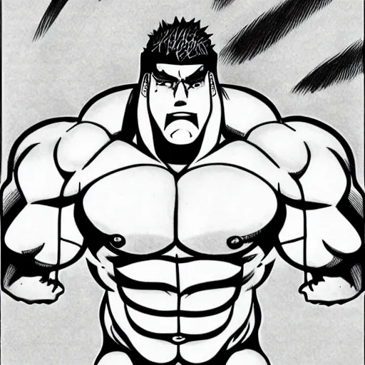 Image similar to a large muscular and beefy man, posed flexing his muscles. tan skin, manga illustration, 2 0 0 7