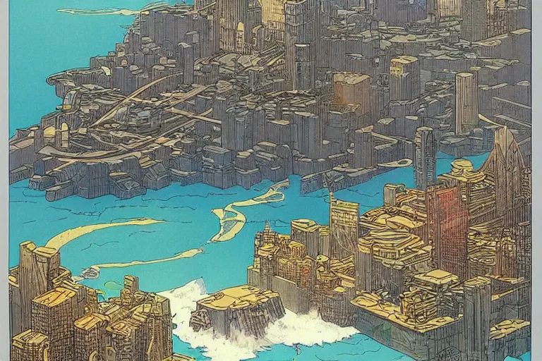 Image similar to a metropolis built on a island floating above the sea in the sky, waterfalls fall from the island into the sea, by moebius