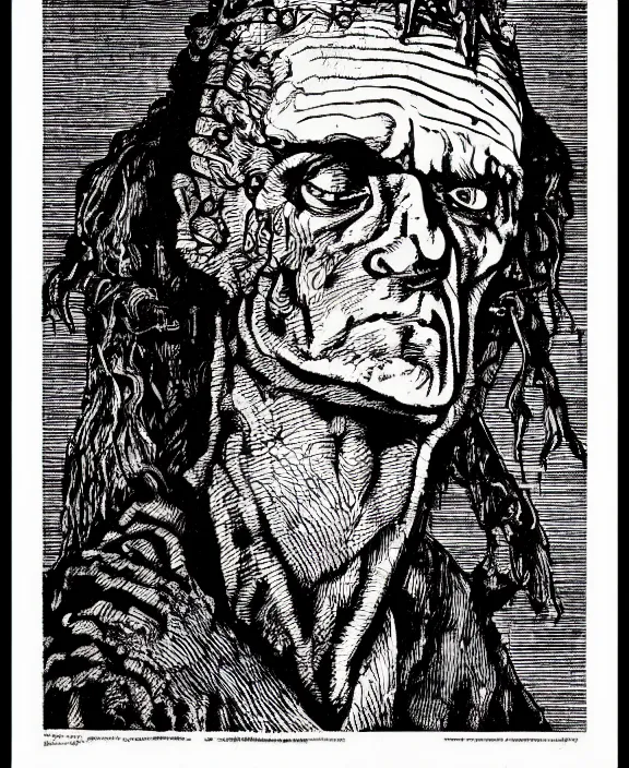 Prompt: frankenstein, art by james o barr and albrecht durer, woodblock print, engraved, black and white, vector, vector art