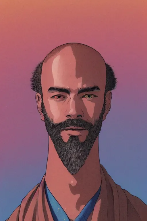 Prompt: a colorful closeup portrait of a young bald man with a wild beard dreaming psychedelic hallucinations in the vast icy landscape of antarctica, by kawase hasui, moebius and edward hopper, colorful flat surreal design, hd, 8 k, artstation