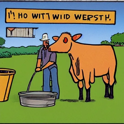 Image similar to a cow points at a bucket, a farmer stands nearby, illustrated by gary larson