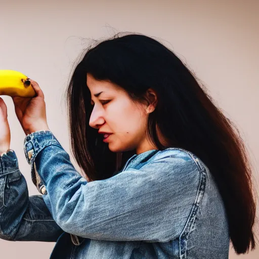 Prompt: close up photography of a woman that is about to bite into a banana but she just didnt do it yet, profile, close camera