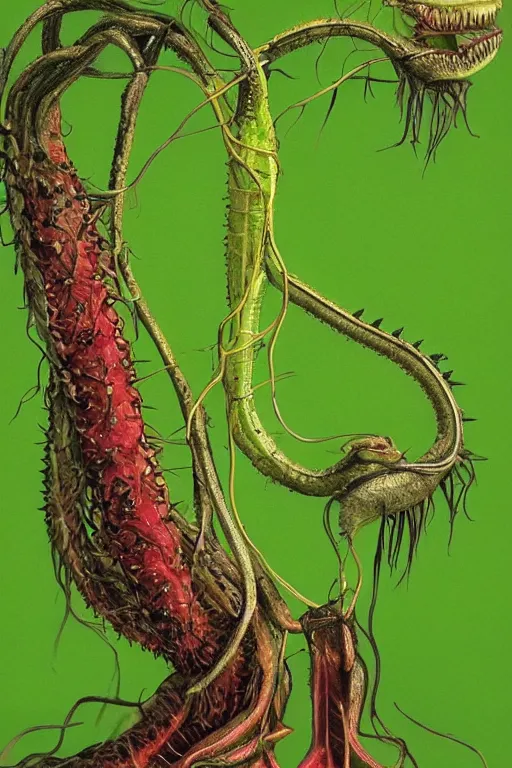 Prompt: a carnivorous plant with a long vine and the head of a alligator, vicious snapping alligator plant, side view of a plant showing roots stem and bud, plant photograph showing roots underground