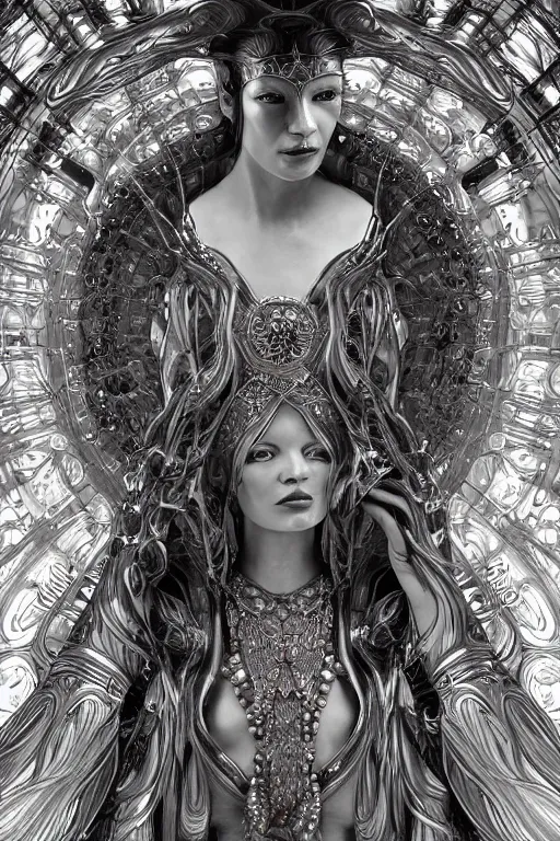 Image similar to a realistic ciematic photo of a beautiful ancient alien woman goddess kate moss shiva standing in iris van herpen dress jewelery and fractals in style of alphonse mucha art nuvo dmt trending on artstation made in unreal engine 4