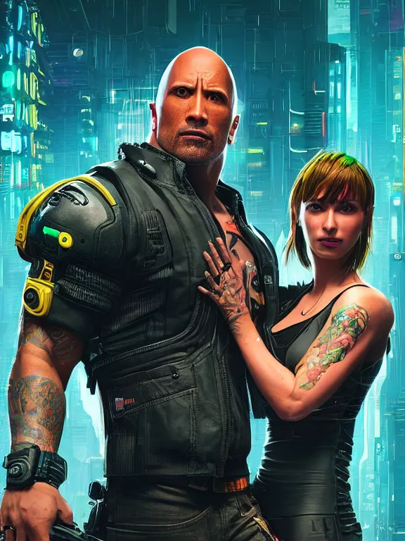 Prompt: a cyberpunk 2077 portrait of Dwayne Johnson holding a female android ,tango pose,complex mess of cables and wires behind them connected to giant computer, love moive,film lighting, by laurie greasley,Lawrence Alma-Tadema,William Morris,Dan Mumford, trending on atrstation, full of color,face enhance, highly detailed,8K, octane,golden ratio,cinematic lighting