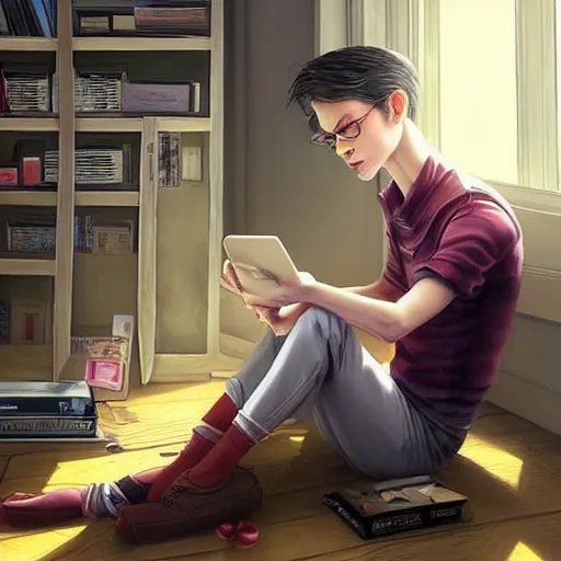 Prompt: a skinny computer nerd guy sitting on the floor of his room, crossed legs, laptop, smartphone, video games, tv, books, potions, jars, shelves, knick knacks, tranquil, calm, sparkles in the air, magic aesthetic, fantasy aesthetic, colorful, whimsical aesthetic, by stanely artgerm, tom bagshaw, arthur adams, cane griffiths, trending on deviantart, street art, face enhance, chillwave, maximalist