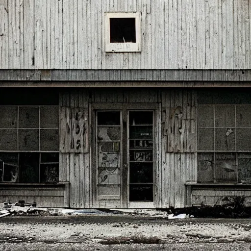 Prompt: an abandoned store's exterior in the middle of nowhere, by helen levitt, ultra detailed, rainy, beautiful