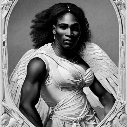 Image similar to Portrait of Serena Williams as Nike Goddess, large wings, luxuriant, dreamy, eternity, romantic, strong pose, highly detailed, in the style of Franz Xaver Winterhalter, highly detailed, in the style of Aetherpunk