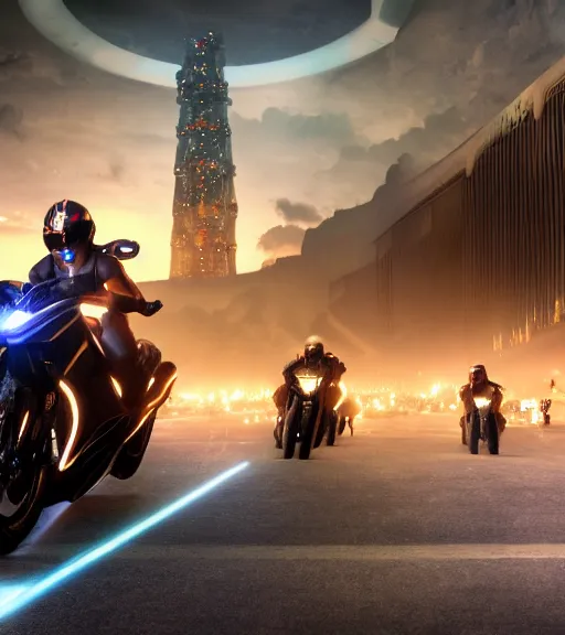 Image similar to tron legacy crowded motorcycle race to the ancient and majestic tower of babylon destroyed, hyper realistic, ambient lighting, concept art, intricate, hyper detailed, trakovsky greatest scene, smooth, dynamic volumetric lighting, octane, raytrace, cinematic, high quality, high resolution, 4 k, cgsociety, rutkowski, gurney